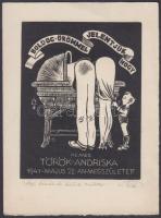 Nemes Török János (1900?-1980): Ex libris Nemes Török Andriska születése alkalmából. Fametszet, papír, jelzett + dedikált, 12×9 cm