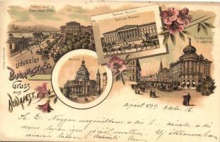 1899 Budapest, Ferenc József tér, Nemzeti Múzeum, Bazilika, Erzsébet körút, Ottmar Zieher litho