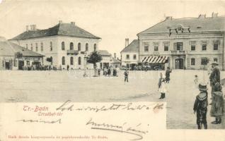 Bán, Trencsénbán, Bánovce nad Bebravou; Erzsébet tér, Városháza, Steiner Samu és Hertczka József üzlete, Bor, sör és pálinka kimérés, Back Ármin kiadása / square, shops, town hall (EM)