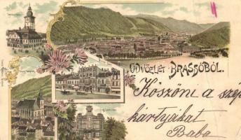 1899 Brassó, Kronstadt, Brasov; Tanácsház, Búza sor, Lövészház / town hall, street, hunting lodge, floral, litho (EM)