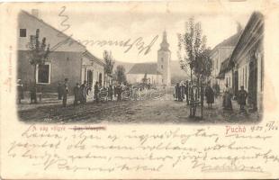 Puhó, Púchov; utcakép, templom, Gansel Lipót / street view, church