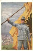 Kriegsfürsorgekarte / WWI Austrian soldier, flag, s: Camilla Göbl (EK)