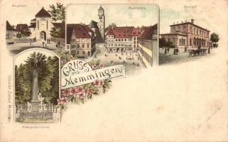 Memmingen, Bahnhof, Krugsthor, Kriegerdenkmal, Martplatz / railway station, gate, statue, market square, floral, litho (EK)