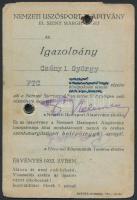 1933 a Nemzeti Úszósport Alapítvány uszodai belépésre jogosító fényképes igazolványa FTC-s középiskolai tanuló részére