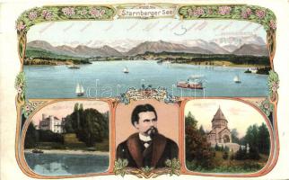 Starnberger See, Schloss Berg, Votiv Kapelle, König Ludwig II. von Bayern / lake, castle, chapel, folral, litho (fa)