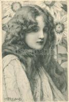 Lady portrait with flowers, art postcard, M. M. Vienne, s: Henry Ryland (EK)