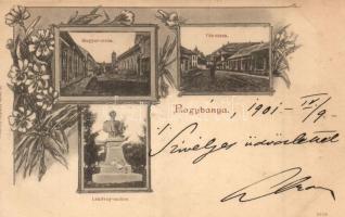 Nagybánya, Baia Mare; Magyar utca, Vár utca, Lendvay szobor, kiadja Molnár Mihály / streets, statue, floral