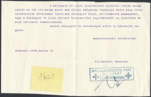 1939 A Nyilaskeresztes Párt budapesti XII. kerületi szervezetének kérvénye összegyűjtött ajánlóik névsorának és lakcímeik kiadására