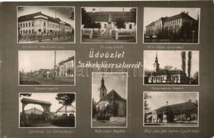 Székelykeresztúr, Cristuru Secuiesc; üdvözlet, országzászló, Unitárius főgimnázium, Tanítóképző, Kossuth Lajos tér, Gazdasági iskola Székely kapuja; Nagy fényképész / greeting card, Hungarian flag, schools, gate, square