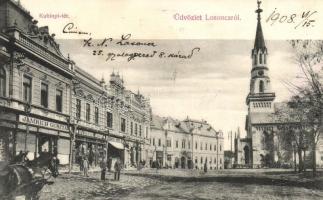 Losonc, Lucenec; Kubinyi tér, Jamrich Gusztáv, Ifj. Steiner József és Halmos Hugó üzlete / square, shops