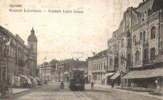 Újvidék, Novi Sad; Kossuth Lajos utca, villamos, bútoráruház / street, tram, furniture shop (EK)