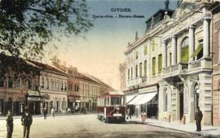 Újvidék, Novi Sad; Duna utca, villamos, Raab Károly üzlete / street, tram, shop