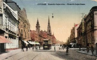 Újvidék, Novi Sad; Kossuth Lajos utca, villamos, bútorház / street, tram, furniture shop (kopott sarkak / worn corners)