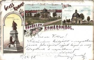 1898 Komárom, Komárno; Klapka szobor, zene pavilon, Rosália templom, kiadja Freisinger Mór / statue, pavilion, church, floral, litho (EK)