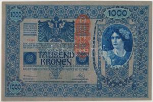 Ausztria 1919. (1902) 1000K, függőleges irányú DEUTSCHÖSTERREICH felülbélyegzéssel, mindkét oldal német T:I Austria 1919. (1902) 1000 Kronen, with vertical oriented DEUTSCHÖSTERREICH overprint, both sides in german C:UNC