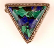 Ezüst (Ag.) gyógyszeres dobozka, malachit és lápisz lazulit berakással, jelzett, 4×4 cm, bruttó:33,3...