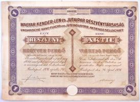 Budapest 1926. "Magyar Kender-, Len- és Jutaipar Részvénytársaság" részvénye 40P értékben, szelvényekkel, szárazpecséttel T:II- fo.