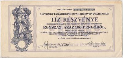 Gyönk 1928. "A Gyönki Takarékpénztár Részvénytársaság" tíz részvénye összesen 100P értékben, szelvényekkel, szárazpecséttel T:II- kis fo.