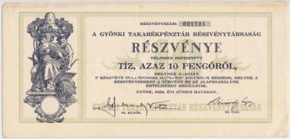 Gyönk 1926. A Gyönki Takarékpénztár Részvénytársaság részvénye 10P értékben, szelvényekkel, szárazpecséttel T:II- kis fo.