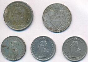 Vegyes: Ausztria 1959. 10Sch Ag + Svájc 1969-1987. 1Fr (3xklf) + 2Fr T:2 patina Mixed: Austria 1959. 10 Schilling Ag + Switzerland 1969-1987. 1 Franc (3xdiff) + 2 Francs C:XF patina