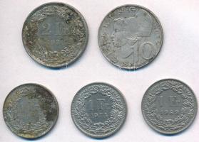 Vegyes: Ausztria 1959. 10Sch Ag + Svájc 1969-1987. 1Fr (3xklf) + 2Fr T:2 patina
Mixed: Austria 1959...