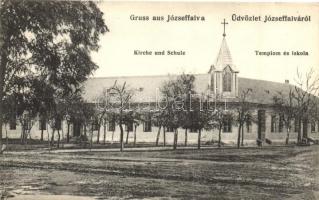 Józseffalva, Vornicenii Mici; Templom és iskola, kiadja Weiser A. / church, school