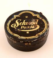 Schmoll Paszta fém doboz, kopott, a doboz alján némi paszta, d: 11 cm, m: 4 cm.