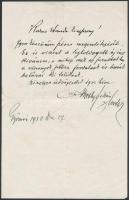 1930 Vitéz Nagybányai Horthy István ny. lovassági tábornok (1858-1937) saját kezűleg írt köszönőlevele, illetve egy hasonló módon felhasznált névjegykártya, szintén aláírva / greeting letter and card from Admiral Horthys older brother, signed