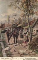 Rast in einem polnischen Dorf. Im Kriege 1914/15, Moderne Meister Arthur Rehn & Co. / German military art postcard s: Hugo Spindler (fa)