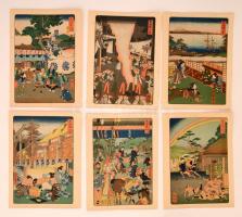 14 db színezett japán fametszet különböző mozgalmas témákban / 14 colored Japanese wood-engravings 23x30 cm