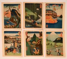 14 db  színezett japán fametszet különböző mozgalmas témákban / 14 colored Japanese wood-engravings ...