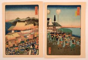 14 db  színezett japán fametszet különböző mozgalmas témákban / 14 colored Japanese wood-engravings ...