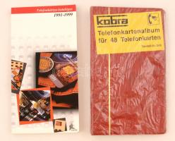 Kobra telefonkártya berakó 48 férőhellyel + Telefonkártya katalógus 1991-1999 + 11 db különféle motívumos telefonkártya berakó tokkal, jó állapotban + "Kártya kapható / Phonecard on sale here" feliratú műanyag trafikos zászló, rövid nyéllel, 57,5×39,5 cm