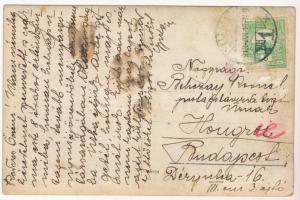 1913 Beliczay Gyula festőművész munka közben, a képeslapként elküldött fotón utazásról szóló szöveg