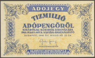 1946. 10.000.000AP vízjeles papíron, fordított állású címer, függőlegesen átfutó papírránccal T:I-