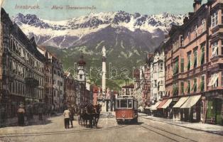 Innsbruck, Maria Theresien strasse / street, tram, statue (EK)