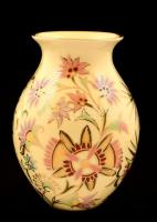 Zsolnay virág mintás váza, kézzel festett, máz alatti hajszálrepedésekkel, jelzett, m:12 cm