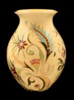 Zsolnay virág mintás váza, kézzel festett, máz alatti hajszálrepedésekkel, jelzett, m:12 cm