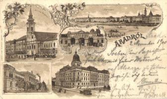 Arad, Maros part, Minorita templom, Vár főkapuja, Líceum / river bank, castle gate, lyceum, floral, Art Nouveau litho (EK)