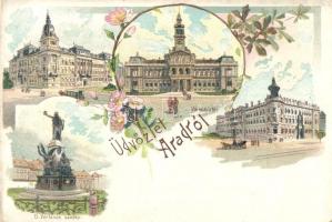 Arad, Városház tér, 13 Vértanú szobra / town hall square, martyrs statue, floral, litho (EK)