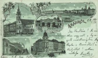 1899 Arad, Maros part, Minorita templom, Vár főkapuja, Líceum, lóvasút / river bank, castle gate, omnibus, lyceum, floral, Art Nouveau litho