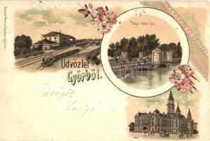 1899 Győr, vasútállomás, Régi Rába híd, Városháza, kiadja Röszler Károly, floral, litho
