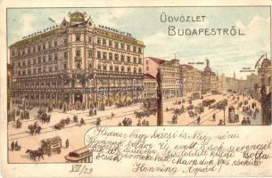 1899 Budapest VII. Párisi nagyáruház a Rákóczi út 38. szám alatt, Nagy körút, villamosok, Kosmos litho (EB)