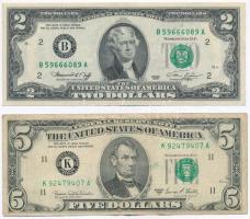 Amerikai Egyesült Államok 1969C 5$ "Abraham Lincoln" zöld pecséttel "Federal Reserve Note" + 1976. 2$ "Thomas Jefferson" zöld pecséttel "Federal Reserve Note" T:III USA 1969C 5 Dollars "Abraham Lincoln" with green seal "Federal Reserve Note" + 1976. 2 Dollars "Thomas Jefferson" with green seal "Federal Reserve Note" C:F