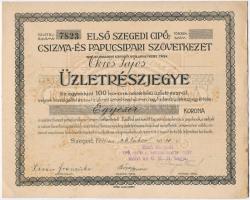 Szeged 1921. "Első Szegedi Cipő-, Csizma- és Papucsipari Szövetkezet" tíz részvénye összesen 1000K értékben (2x), mindkettő szelvényekkel, felülbélyegzéssel, sorszámkövetők T:II fo.