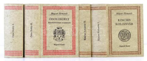 Magyar Hírmondó sorozat két, erdélyi témájú kötete: Ódon Erdély I-II. Művelődéstörténeti tanulmányok. Szerk.: Sas Péter. Budapest, 1986, Magvető. Kiadói kartonált papírkötés. Jó állapotban.  Kincses Kolozsvár I-II. Szerk.: Bálint István János. Budapest, 1987, Magvető. Kiadói kartonált papírkötés. Jó állapotban.