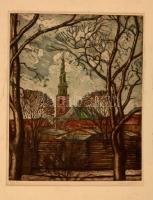 Svance jelzéssel: Koppenhága, Vor Frelsers Kirke. Színezett rézkarc, papír, jelzett, foltos, 63×49 cm
