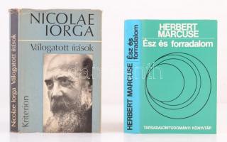 Vegyes könyvtétel, 2 db:  Herbert Marcuse: Ész és forradalom. Társadalomtudományi Könyvtár. Fordította Dezsényi Katalin, és Endreffy Zoltán. Budapest, 1982, Gondolat. Kiadói egészvászon kötés, kiadói papír védőborítóban. Jó állapotban. Nicolae Irga: Válogatott írások. Bukarest, 1971, Kriterion. Kiadói kemény papírkötés, kissé szakadt kiadói papír védőborítóban. Jó állapotban.