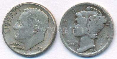 Amerikai Egyesült Államok 1941. 1D Ag "Mercury" + 1960D 1D Ag "Roosevelt" T:2,2-...
