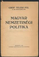 1940 Teleki Pál: Magyar nemzetiségi politika. Budapest, 1940, Stádium. Kiadói papírkötés, kissé szakadozott lapokkal.